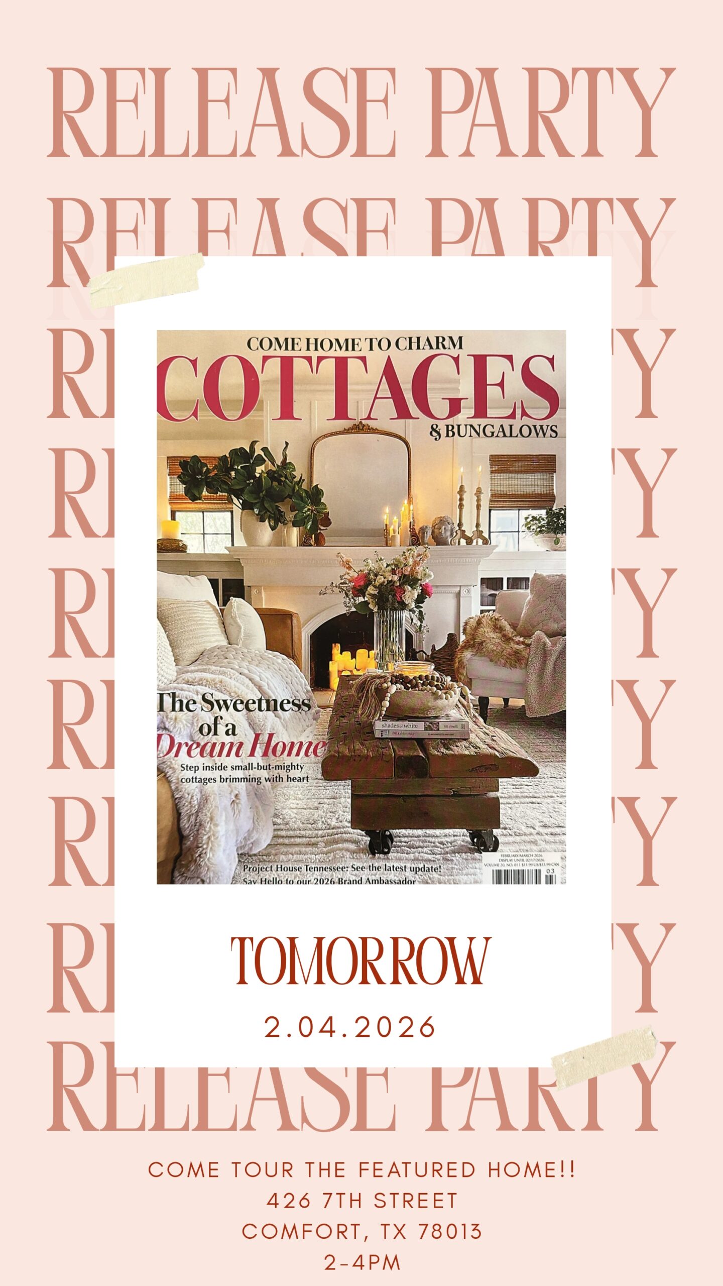 _Happy New Year Instagram Story_page-0001 Join us for a Release Party with Cottages & Bungalows magazine, hosted by a leading interior design company Boerne TX. Enjoy a cozy living room setting on February 4, 2026, from 2–4 PM at 426 7th Street, Comfort, TX.