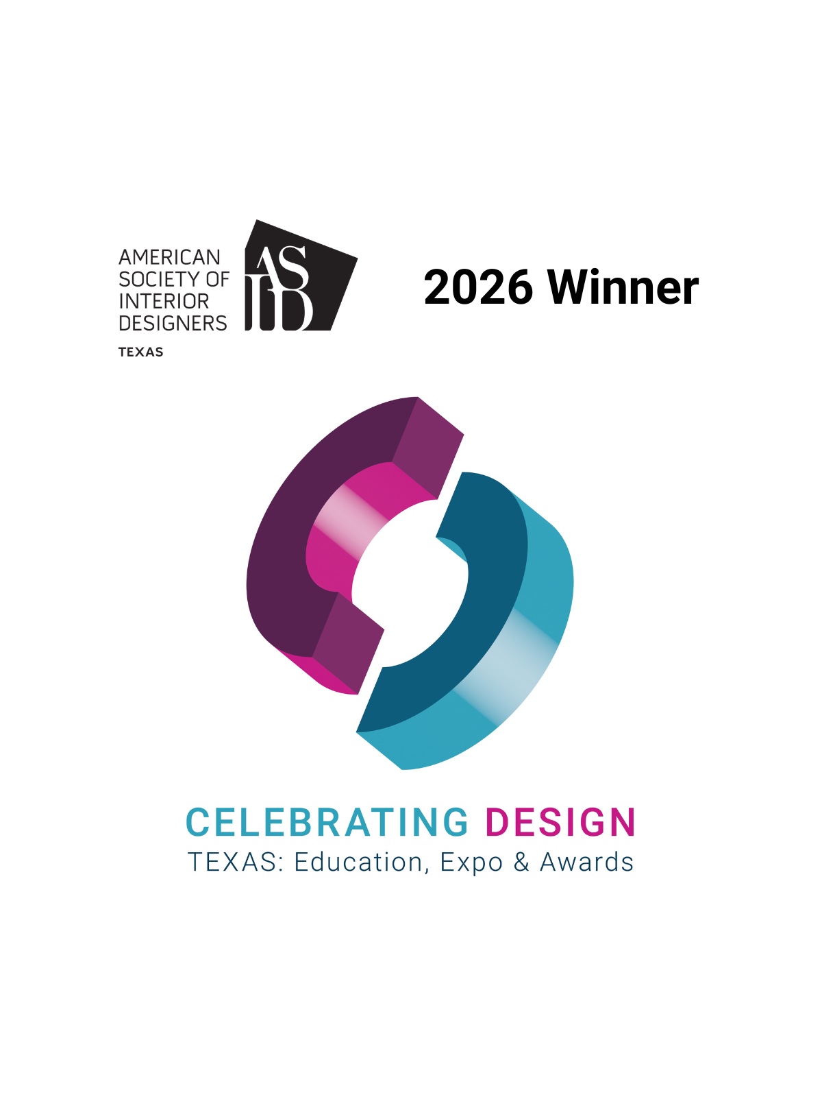 ASID Texas 2026 Celebrating Design award winner badge, with the American Society of Interior Designers Texas logo and the Celebrating Design Texas icon.