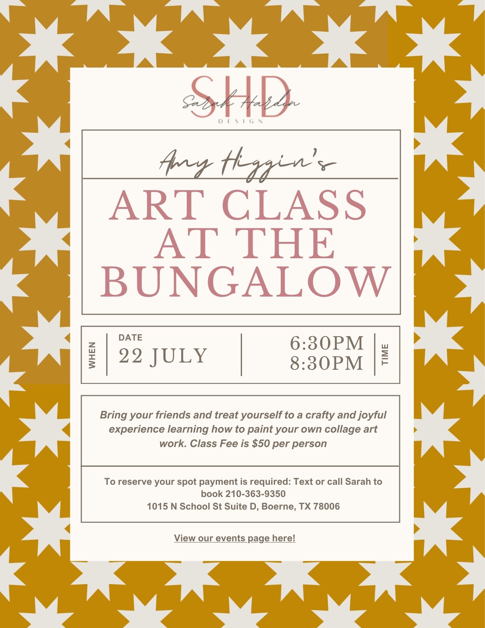 Promotional graphic for the Art Class at The Bungalow at Sarah Hardin Design's Boerne studio.