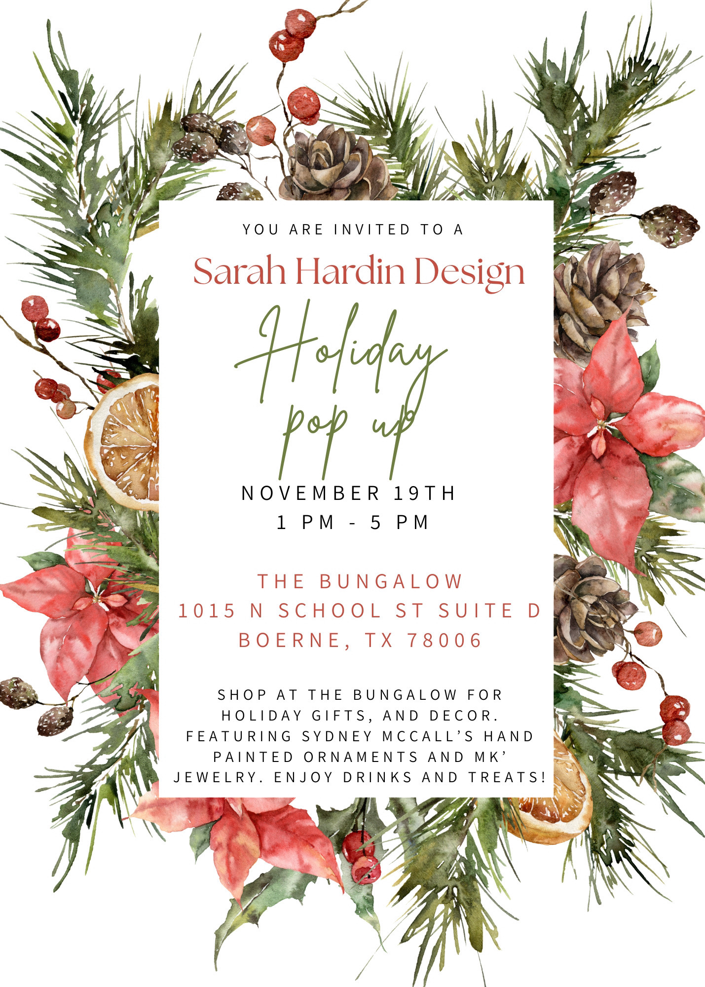 Holiday Pop Up invitation for Sarah Hardin Design at The Bungalow in Boerne, with a watercolor Christmas floral border.