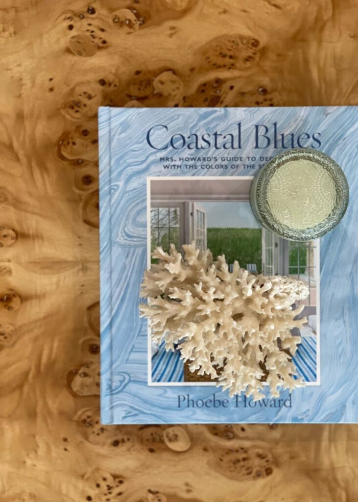 A book titled Coastal Blues with a blue marbled cover lies on a wood surface. On top are a piece of white coral and a glass candleholder—a serene scene perfect for inspiration from any interior designer in Boerne, TX.